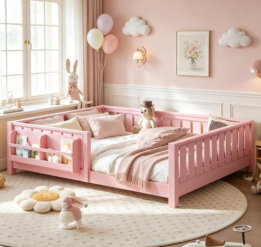 Bellemave Full Size Floor Bed with high Rails and with Built-in Bookshelf for Kids, Girls, Boys, Wood Montessori Floor Bed Without Door, Pink