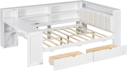 Bellemave Full Corner Bed with Storage Shelves and Desk, Upholstered Headboard Daybed with Bookcase and Drawers，Daybed with Storage, White+Beige Cushion