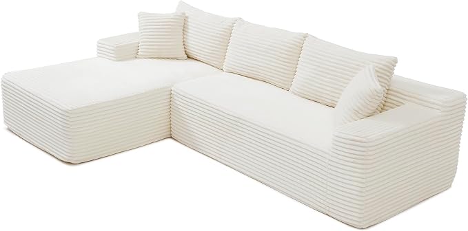 105-Inch L-Shaped Left Facing Corner Compressed Sofa Modular Sectional Boneless Cloud Sofa Floor Foam Couch with Chaise Lounge, Corduroy Corner Boneless Cloud Couch