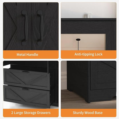 3 Doors Armoire Wardrobe Closet with Mirror Door and LED Lights,Bedroom Armoire with Drawers,Large Capacity Freestanding Armoire with Hanging Rod,Adjustable Shelves and Hooks(Black)