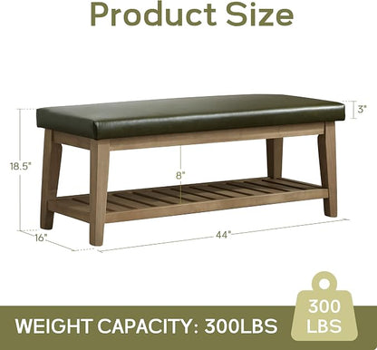 HUIMO Entryway Shoe Bench with Cushion, End of Bed Bench,Upholstered Bench for Kitchen, Bench with Solid Wood Shelf, Leather Ottoman Bench for Hallway, Living Room (PU-Green)