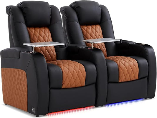 Weilianda Home Theater Seating Top Grain Leather Zero Gravity Recliner Chair Power Headrest Recline Movie Seat Gaming 7 Colors Mood Light Sofa with Tray Table Row of 2 Black Camel