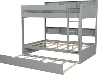 Wood Bunk Bed Full Over Full Size with Built-in Storage Shelves, Versatile Bunk Bed Frame with Ladder and Trundle Bed for Kids Teens Adults, Maximize Space (Gray-2.10)