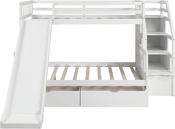 Solid Wood Twin Over Full Bunk Bed with Slide, Drawers, 4 Stair, Three Storage Grids and Full Length Guardrail, Multifunction play house Bunk Bed for Kids/Adults, No Box Spring Needed (White+ss)