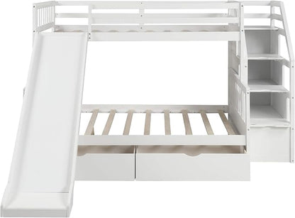 Solid Wood Twin Over Full Bunk Bed with Slide, Drawers, 4 Stair, Three Storage Grids and Full Length Guardrail, Multifunction play house Bunk Bed for Kids/Adults, No Box Spring Needed (White+ss)