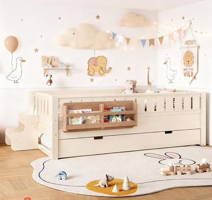 Bellemave Twin Size Kids Bed with high Rails and with Built-in Bookshelf and Trundle for Kids, Girls, Boys, Wood Montessori Bed Without Door, Beige