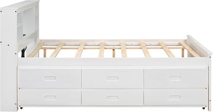 Merax Full Size Platform Bed with Storage Headboard, USB, Wood Bedframe with Twin Size Trundle and 3 Drawers, White