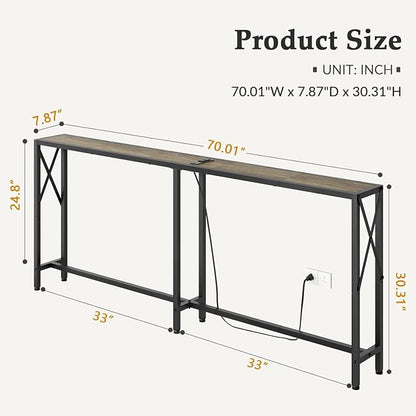 Gewudraw 70" Sofa Tables Narrow Long, Behind Couch Table with Oulets & USB Ports, Industrial Long Skinny Stand for Entryway,Hallway, Living Room, Bedroom 7.9" D x 70" W x 30.3" H