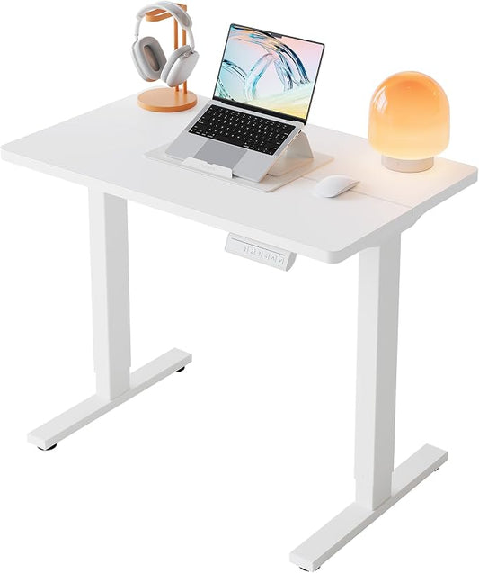 HUANUO 32x19 Inch Small Electric Standing Desk, Adjustable, White | Compact Home Office Desk, 176lbs Heavy Duty Lifting with 4 Height Presets. M8 Screw Holes Ready for DIY Mobile Wheels