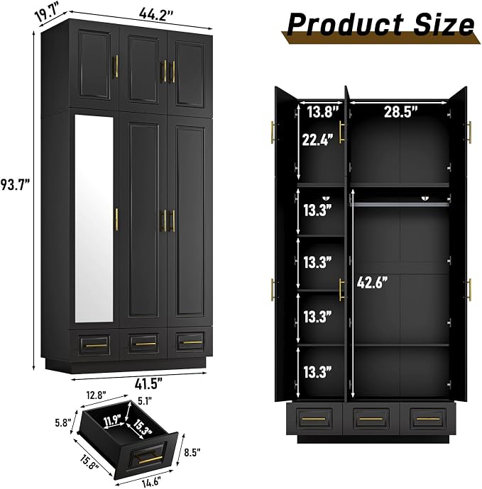 Hlivelood Large Armoire Wardrobe Closet Cabinet with Drawers and LED Lights, Multi-Tier Shelves, Hanging Rod, Large Capacity Storage 3 Door Wardrobe Armoire with Top Cabinet for Bedroom, Black