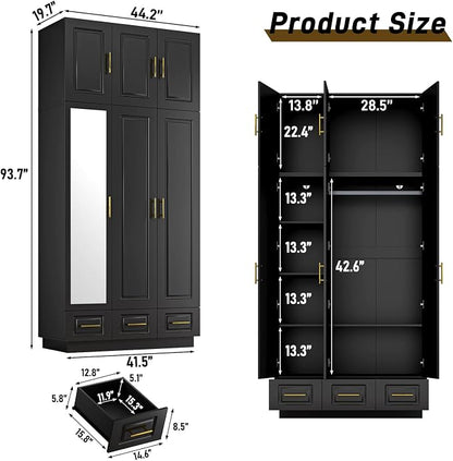Hlivelood Large Armoire Wardrobe Closet Cabinet with Drawers and LED Lights, Multi-Tier Shelves, Hanging Rod, Large Capacity Storage 3 Door Wardrobe Armoire with Top Cabinet for Bedroom, Black