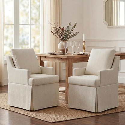 UVV Upholstered Dining Chairs Set of 2, Modern Kitchen Chair Dining Room Chair with 4 Casters, Linen Armchair for Bedroom Reading Room Living Room, Beige