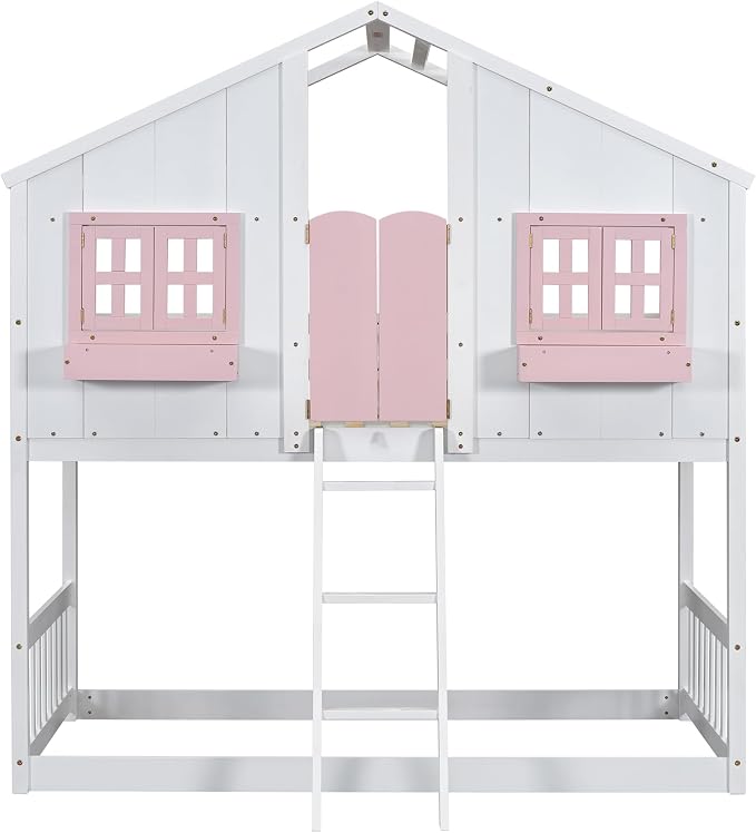 Twin over Twin House Bunk Bed with Roof,Windows,Door,Window Boxes,Safety Guardrails & Ladder,Pine Wood Frame,Low-Height Kids Bunk Beds for Bedrooms,Playful Loft Bed with Easy Assembly, Pink+White