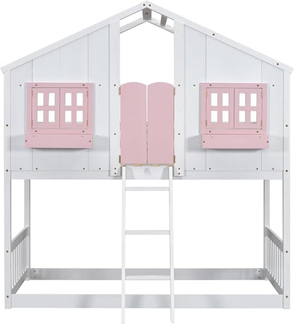 Twin over Twin House Bunk Bed with Roof,Windows,Door,Window Boxes,Safety Guardrails & Ladder,Pine Wood Frame,Low-Height Kids Bunk Beds for Bedrooms,Playful Loft Bed with Easy Assembly, Pink+White