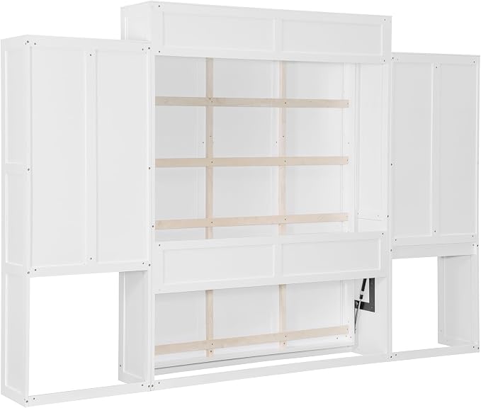 Ball & Cast Murphy Bed Queen Bed Frame with Headboard,Hideaway Bedframe w/Vanity and Cabinets,Wood Wall Cabinet,Slat Support,can be Folded,No Box Spring Needed,for Small Room,White