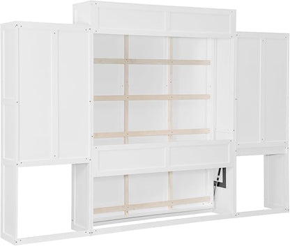 Ball & Cast Murphy Bed Queen Bed Frame with Headboard,Hideaway Bedframe w/Vanity and Cabinets,Wood Wall Cabinet,Slat Support,can be Folded,No Box Spring Needed,for Small Room,White