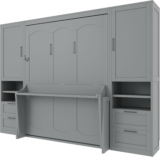 Merax Queen Size Murphy Bed with Desk, Space-Saving Wall Bed Frame with Closet, Drawers and Shelves, Foldable Platform Bed for Small Spaces Studio Study Office Guest Room, Gray