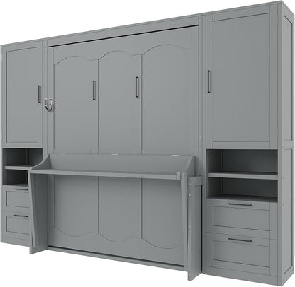 Merax Queen Size Murphy Bed with Desk, Space-Saving Wall Bed Frame with Closet, Drawers and Shelves, Foldable Platform Bed for Small Spaces Studio Study Office Guest Room, Gray