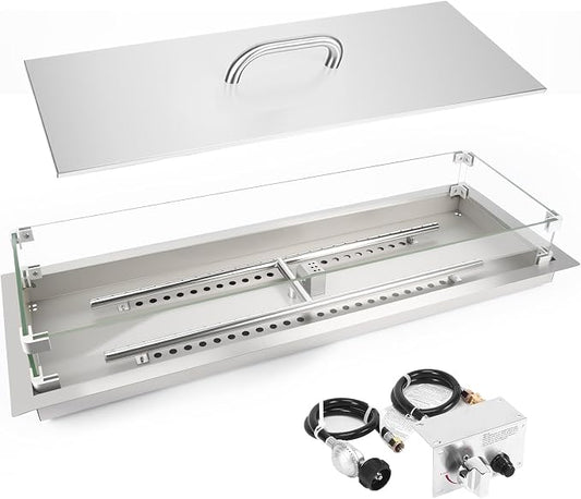 GRISUN Upgraded 36" x 12" Drop-in Fire Pit Burner Kit, Gas Fire Pit Kit with Glass Wind Guard & Lid, Linear Fire Pit Pan Insert with Spark Ignition for Fire Pit Tables