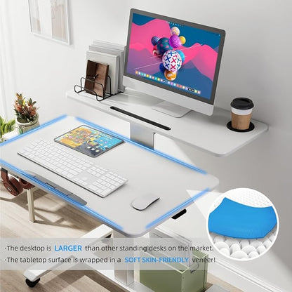 Pneumatic Standing Desk with Wheels - Adjustable Height 28" - 46" & 0-90° Tilt, 31.5" x 17.7" Skin-Feel Desktop, Rolling Computer Desk for Home Office, Hospital, School (White)