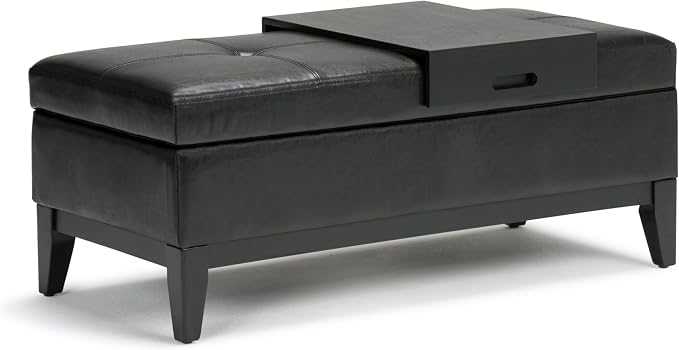 SIMPLIHOME Oregon Storage Ottoman Bench with Tray - 42 inch Wide Upholstered Vegan Leather Rectangle Ottoman Bench in Midnight Black, Transitional Tufted Ottoman for Living Room with Lift-Up Lid