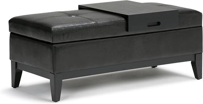 SIMPLIHOME Oregon Storage Ottoman Bench with Tray - 42 inch Wide Upholstered Vegan Leather Rectangle Ottoman Bench in Midnight Black, Transitional Tufted Ottoman for Living Room with Lift-Up Lid