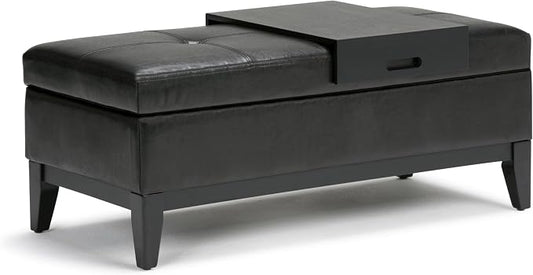 SIMPLIHOME Oregon Storage Ottoman Bench with Tray - 42 inch Wide Upholstered Vegan Leather Rectangle Ottoman Bench in Midnight Black, Transitional Tufted Ottoman for Living Room with Lift-Up Lid