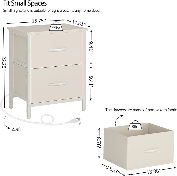 Vagusicc Nightstand with Charging Station, Bedside Table with USB Ports and Outlet, End Table Side Table with 2 Fabric Drawers for Bedroom, Living Room, Beige