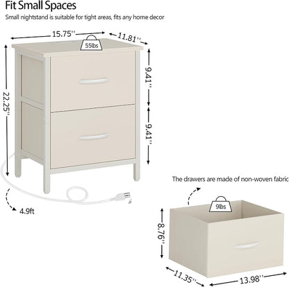 Vagusicc Nightstand with Charging Station, Bedside Table with USB Ports and Outlet, End Table Side Table with 2 Fabric Drawers for Bedroom, Living Room, Beige