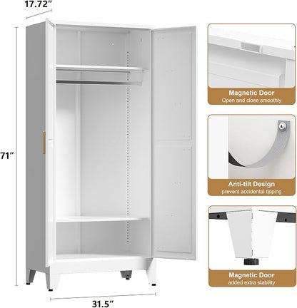 Washsemba 71'' Farmhouse Metal Wardrobe Cabinet with Hanging Rod, 2 Barn Door Wardrobe Closet with 2 Adjustable Shelves,for Dining Room,Bedroom,Living Room, Cloak Room,Office (White)