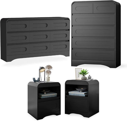 4 Piece Bedroom Set, Dresser and Nightstand Sets | Modern Wooden Large 9 Drawers Dresser and Tall 6 Drawer Dressers & Night Stand Set of 2 for Bedroom, Black