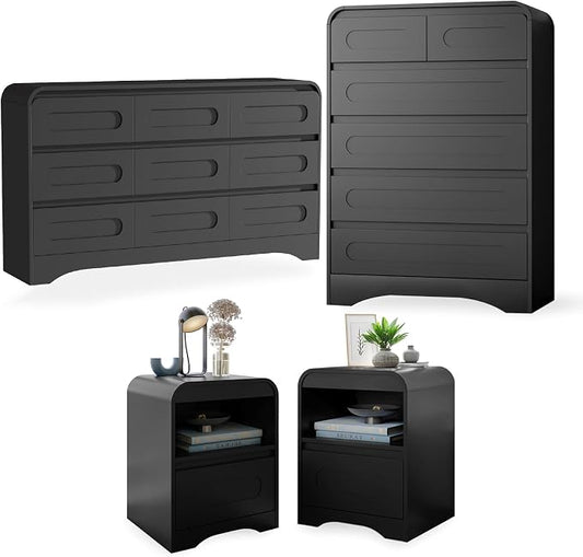 4 Piece Bedroom Set, Dresser and Nightstand Sets | Modern Wooden Large 9 Drawers Dresser and Tall 6 Drawer Dressers & Night Stand Set of 2 for Bedroom, Black