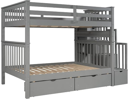 RUNNA Full Over Full Bunk Bed, Convertible, Storage Stairs Gray | Full over full bunk bed, convertible split design, storage stairs, solid pine wood, guardrails, no box spring needed,Gray