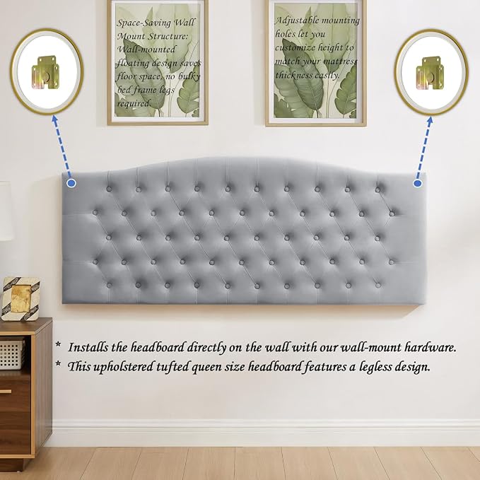 24KF Upholstered Tufted Button Wall Mounted Velvet Headboard,Comfortable Fashional Headboard Queen/Full Size,6058-Q-Gray