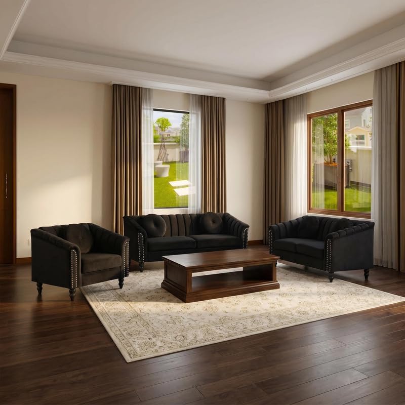 3-Piece Velvet Living Room Set, Modern Tufted Sofa & Loveseat & Armchair, Upholstered Couch with Nailhead Trim & Round Pillows, Comfy Vintage Style Furniture for Apartment (Black)
