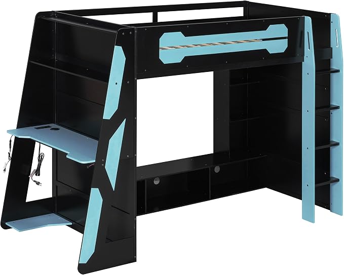 Merax Twin Size Loft Bed with Desk, Multi-Storage Shelves and RGB Light | Space-Saving Wooden Gaming Bed Frame with Charging Station and Guardrail