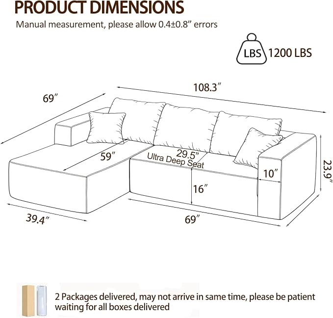 108" Modular Sectional Sofa,L-Shaped Cloud Couch with Deep Seats & Chaise,Convertible 4-in-1 Corduroy Boneless Couches for Living Room,Bedroom,No-Assembly,Brown(Left Facing Chaise)