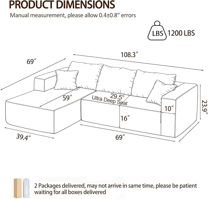 108" Modular Sectional Sofa, L-Shaped Cloud Couch with Deep Seats & Chaise, Convertible Corduroy Boneless Couches for Living Room, Bedroom, No Need Assembly - Blue(Left Facing Chaise)
