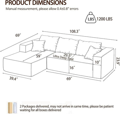 108" Modular Sectional Sofa, L-Shaped Cloud Couch with Deep Seats & Chaise, Convertible Corduroy Boneless Couches for Living Room, Bedroom, No Need Assembly - Blue(Left Facing Chaise)