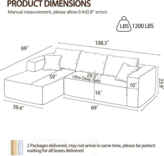 108" Modular Sectional Sofa, L-Shaped Cloud Couch with Deep Seats & Chaise, Convertible Corduroy Boneless Couches for Living Room, Bedroom, No Need Assembly - Blue(Left Facing Chaise)