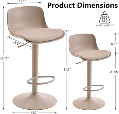 Kidol & Shellder Bar Stools Set of 2 Cream Adjustable Swivel Counter Height Stools, Modern PU Leather Upholstered with Back Solid Color Barstools for Kitchen Island