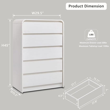 Aitjunz Modern 5 Drawers Dresser for Bedroom, 45" Tall Dressers & Chests of Drawers w/Curved Profile Design, Wood Mid Century Vertical Dresser w/Natural Texture for Bedroom, Living Room, Antique White
