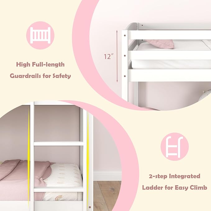 MAT EXPERT Bunk Bed Twin Over Twin, Low Wood Bunk Bed Frame w/Safety Guardrails, Ladder & Slats, Floor Platform Twin Bunk Beds for Kids Toddlers Teens, for Dorm Bedroom, No Box Spring Needed (White)