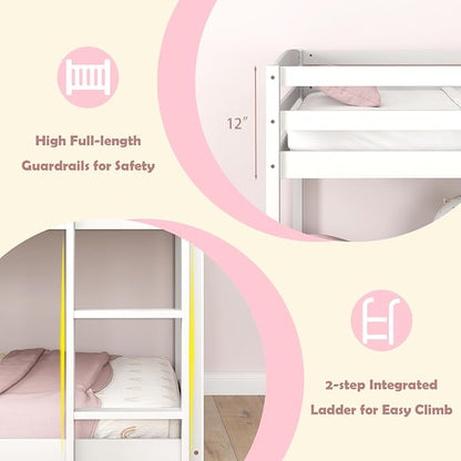 MAT EXPERT Bunk Bed Twin Over Twin, Low Wood Bunk Bed Frame w/Safety Guardrails, Ladder & Slats, Floor Platform Twin Bunk Beds for Kids Toddlers Teens, for Dorm Bedroom, No Box Spring Needed (White)