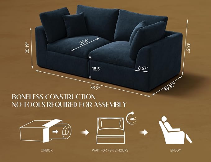 ohllob 78.9" Loveseat Sofa, Cloud Boneless Couches for Living Room, Modern Modular Sectional Sofa, Oversized, Blue