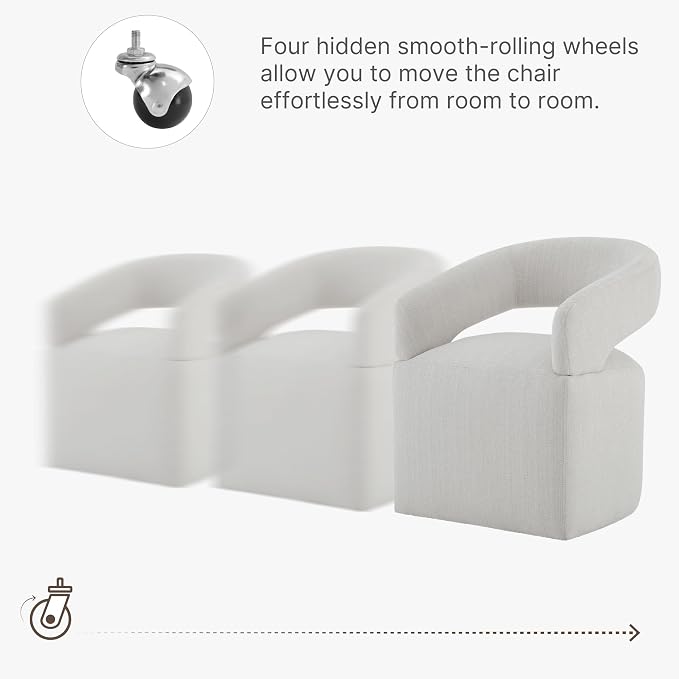 KISLOT Upholstered Dining Chairs Set of 2, Modern Rolling Dining Chairs with Hidden Casters, Arm Kitchen Chairs with Linen Look Fabric, Padded Barrel Chairs for Dining Room, Kitchen, Bedroom, Linen