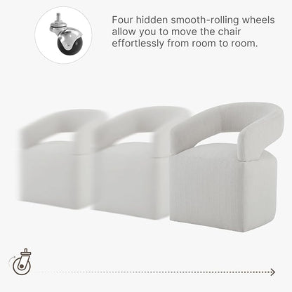 KISLOT Upholstered Dining Chairs Set of 2, Modern Rolling Dining Chairs with Hidden Casters, Arm Kitchen Chairs with Linen Look Fabric, Padded Barrel Chairs for Dining Room, Kitchen, Bedroom, Linen