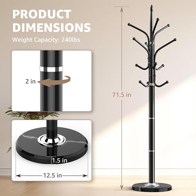 HzTinT Heavy Duty Coat Rack with Marble Base, Freestanding Hall Coat Tree with 12 Hooks and 3 Adjustable Sizes, Metal Coat Rack Stand for Entryway, Bedroom, Office Hanging Purses, Coats, Scarves, Hats
