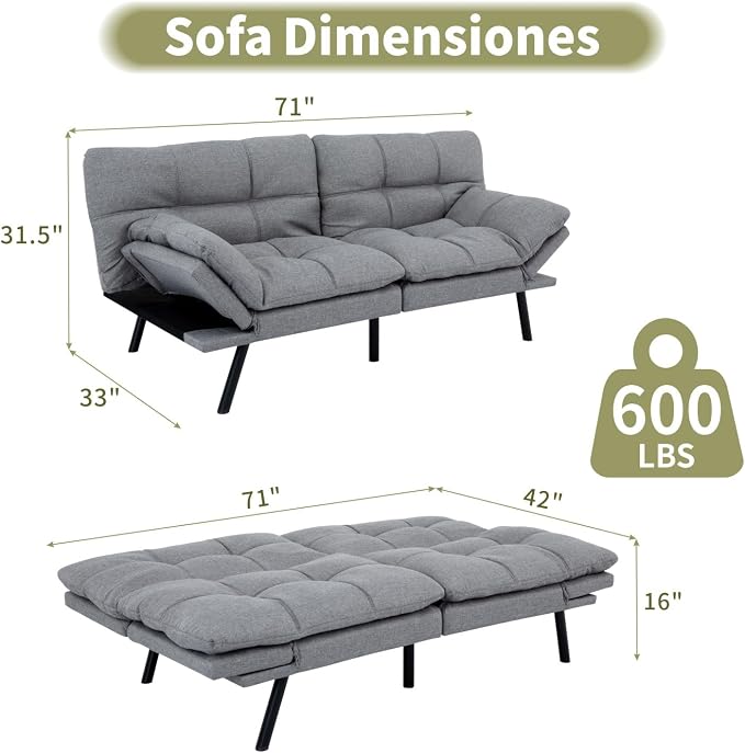 Vipbear 71" Futon Sofa Bed - Convertible Sofa Beds/Adjustable Backrest & Armrest, Comfy Loveseat Sleeper for Small Spaces, Apartments & Offices,Linen Fabric Medium Grey Futons