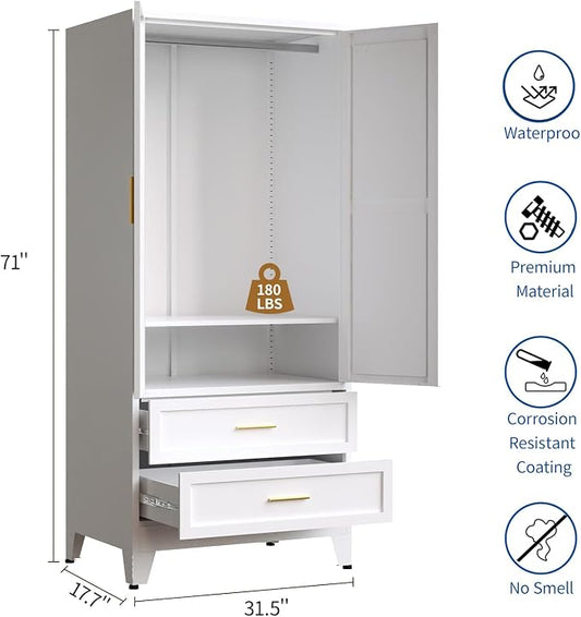 71" Heavy Duty Steel Armoire Wardrobe Closet - Metal Clothing Storage Cabinet with 2 Doors, 1 Drawer, Hanging Rod & Adjustable Shelves, Black for Bedroom, Gym, Laundry Room